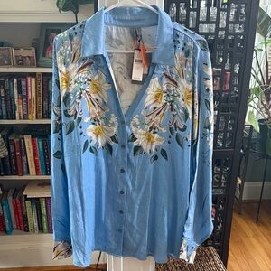 Light Blue Floral Button-Front Blouse by